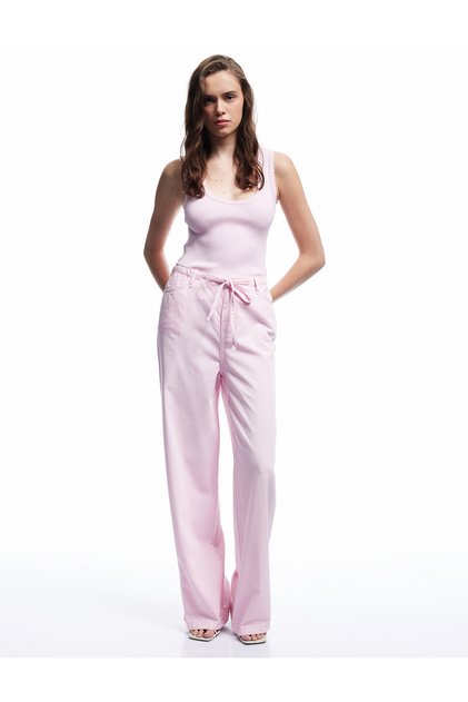 Cotton Straight Leg Pants with Tie-Up Waist - Loose Straight Fit Jeans