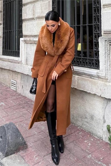 Women's Pocket Detailed Belted Collar Fur Full Length Cashmere Coat Nbstr1003