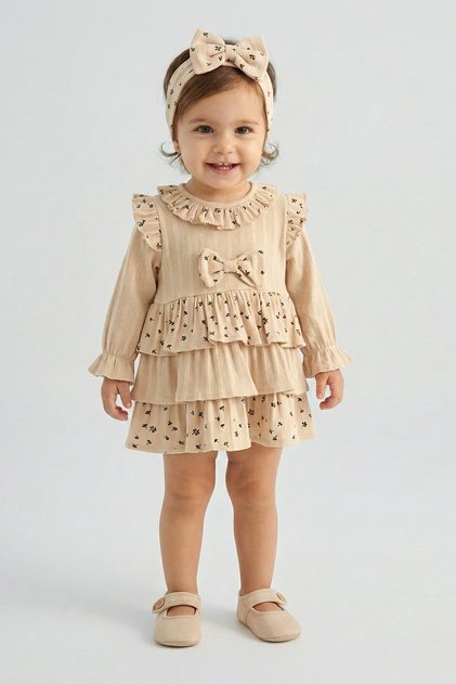 Baby Girl Layered Floral Branch Patterned Bandana Dress