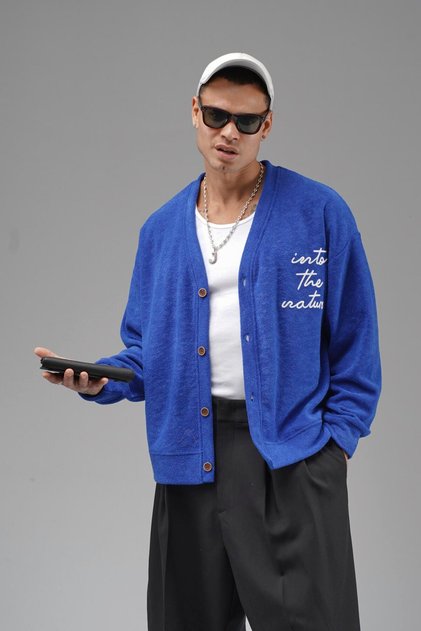 Buttoned Embroidery Detailed Oversized Pattern Men's Cardigan