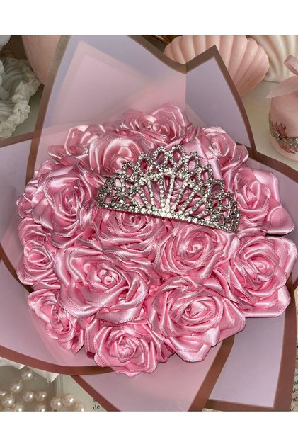 Solmayan Prenses Taçlı Pembe Gül Buketi-Sevgiliye, Anneye Ömürlük Romantik Hediye-Premium Hediye