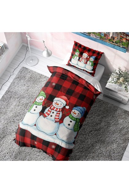 Snowman Patterned Red Plaid Single Christmas Duvet Cover Set