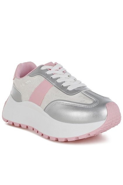 Women Print Embroidery Detail Metallic Sneakers in Silver and Pink