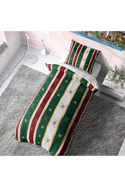 New Year Themed Green and Red Striped Single Duvet Cover Set