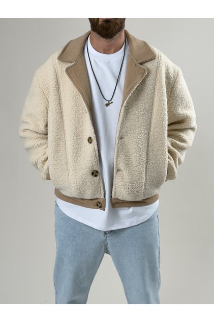 Men's Cashmere Detailed Ecru Plush Cardigan Coc2585