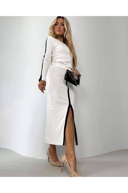 Women's Long Sleeve Crew Neck Ribbed Knit Blouse and Slit Skirt Two-Piece Set