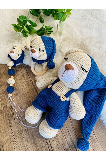 gökçem Amigurumi Aslan Set Çıngırak,Emzik zinciri ,Oyuncak Ve