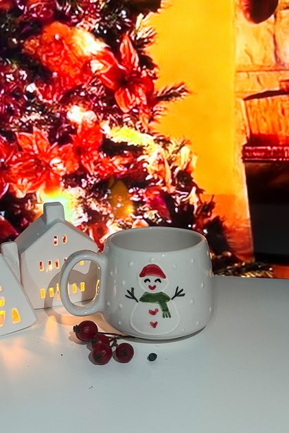Christmas Themed Snowman Patterned Handmade Ceramic Mug Cup Gift