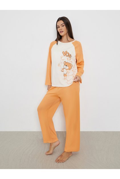 Bear Graphic Print Long Sleeve T-Shirt and Pyjama Set