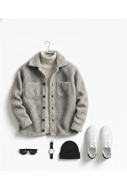 Men's Buttoned Plush Shirt-Cardigan