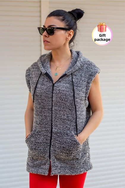 Women's Gray Plush Thick Zippered Hooded Vest 23kylkmy01