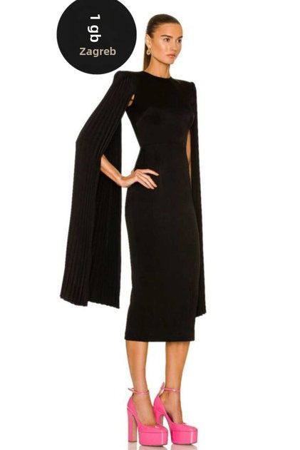 Women's Black Sleeve Detailed Padded Back Slit Silk Jersey Midi Dress