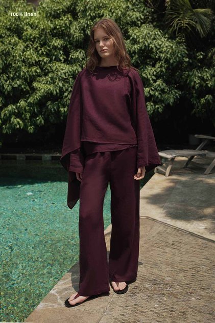 100% Linen Plain Burgundy Trousers
