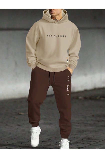 Casual Los Angeles Printed 3 Thread Comfortable Winter Thick Bottom Top Hooded Sweatsuit Set