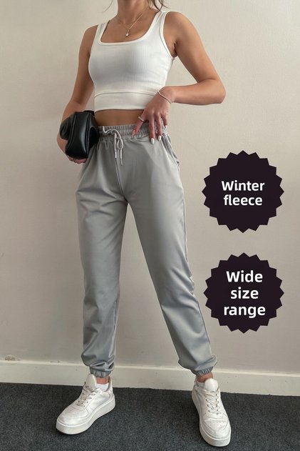Women's Diving Fabric Winter Fleece Jogger High Waist Pocket Anthracite Sweatpants