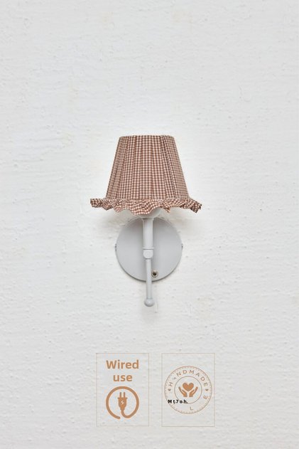 Brown Gingham Wired Wall Light Sconce - White Bottom