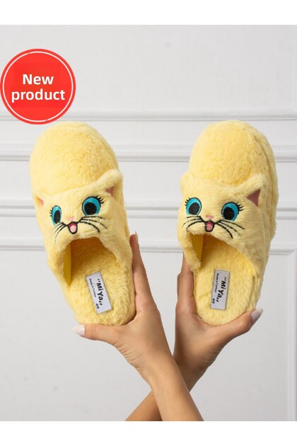 Cute Cat Figured Embroidered Winter Unisex House Slippers No Sound Non-Slip Sole Stc1123