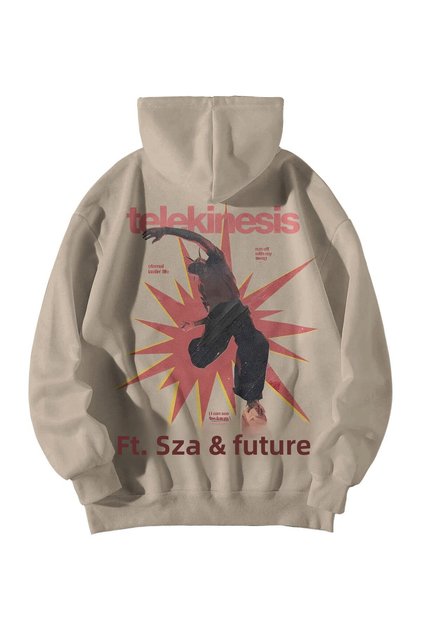 Cream Unisex Oversized Hoodie - Travis Scott Telekinesis Printed Kangaroo Pocket Streetwear Sweatshirt