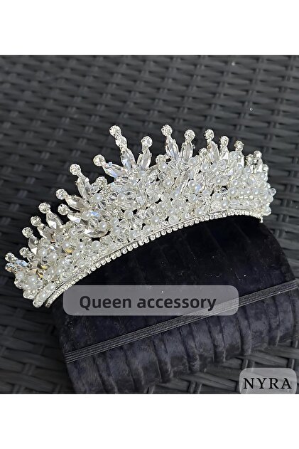NYRA, cu perle, piatră de cristal albă, design de lux, tiara de logodnă, coroană metalică, cu motiv autentic înalt