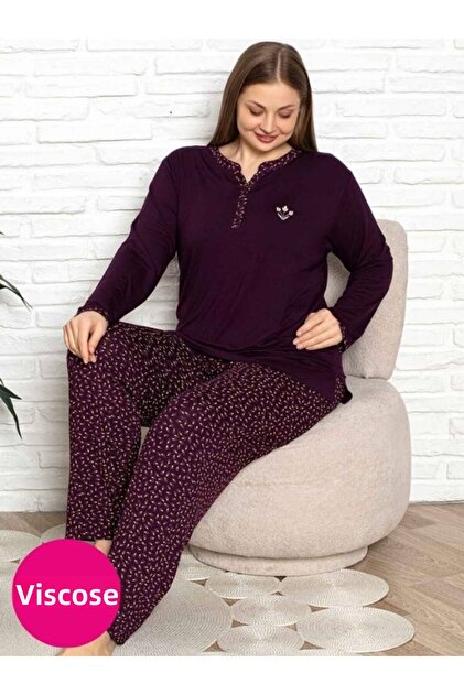 Plus Size Plum Colored Patterned V-Neck 3-Button Stretch Fabric Viscose Transitional Long Sleeve Pajama Set