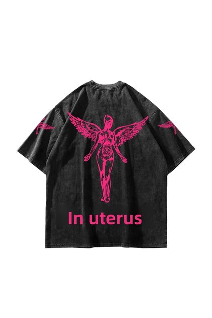 Nirvana in Utero Pink Printed Oversize Unisex Washable Black Tshirt