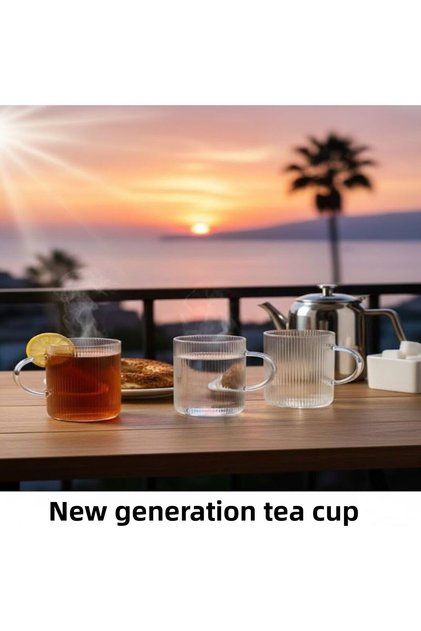 3 Pcs Heat Resistant Borosilicate Glass Coffee Tea Cups with Striped Handle - 200ml Glass Tea Cup