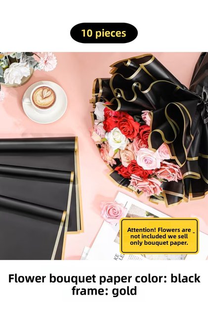 Flower Bouquet Wrapping Gelatin Paper (Black Background and Gold Edge) Matte Opp 55X55Cm 10Pcs