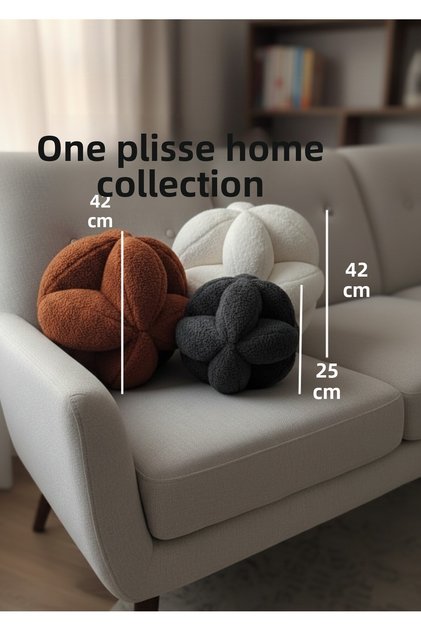 3-Piece Knitted Ball Throw Pillow Set XXL Size Welsoft Fabric Living Room Pillow Brick Ecru Anthracite Decorative Knot