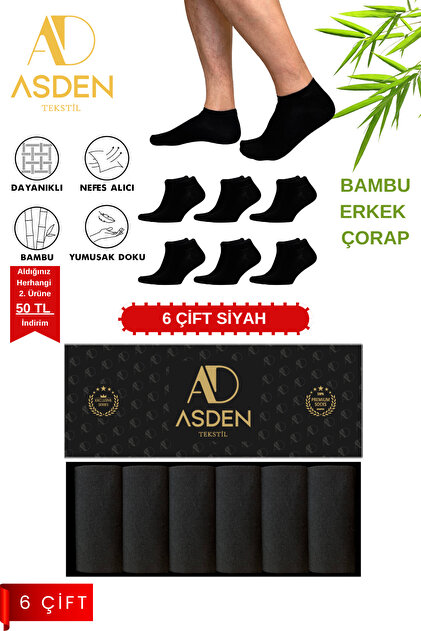 Bamboo Men's Booties Socks Black Premium Box 6 Pieces, Washable, Seamless Toe