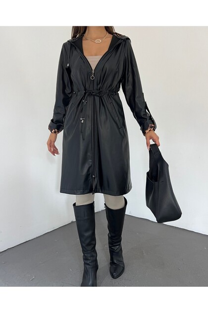 Modamorfo Hooded Black Leather Cap with Foldable Sleeves and Laces- Trendyol