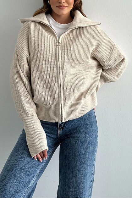 Women's Beige Turn-Down Collar Knit Cardigan