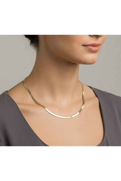 Steel Italian Flat Herringbone Necklace 3 mm Gold Color |   No Tarnish, Unisex, 2 Years Warranty