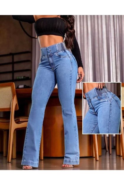 Kadın Yüksek Bel Yanları Lastik önü Düğmeli Kot Pantolon
