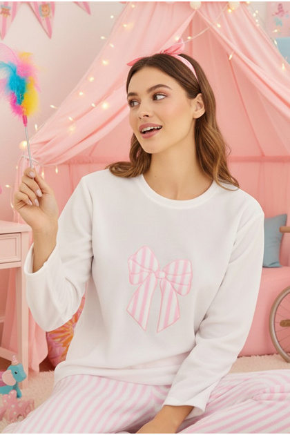 White Pink Striped Bow Embroidered Fleece Winter Knitted Pajamas Suit