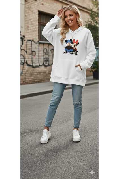 Kadın Beyaz Mickey&Minnie Mouse Çifti Baskılı Oversize Sweatshirt -Hoodie