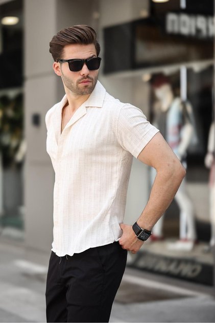 Men's Summer Lycra Slim Fit Shirt Collar Short Sleeve Shirt