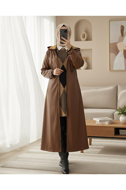 【美品】ラバーロンスプ　レディース Modamorfo Kapşonlu Fermuarlı Kolları Lastikli Deri Kap -Taba
