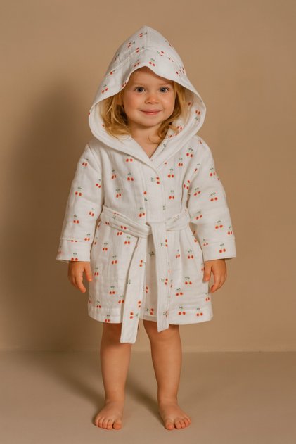 Muslin Bathrobe Cherry Patterned 100% Cotton, Four Layers of Muslin, Organic