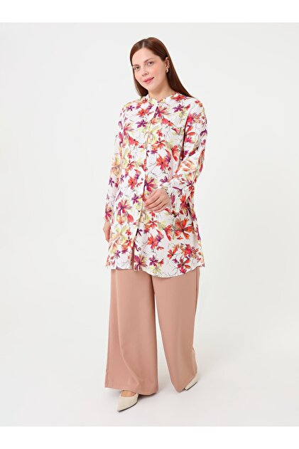 Floral Patterned Plus Size Tunic - Pink - Alia
