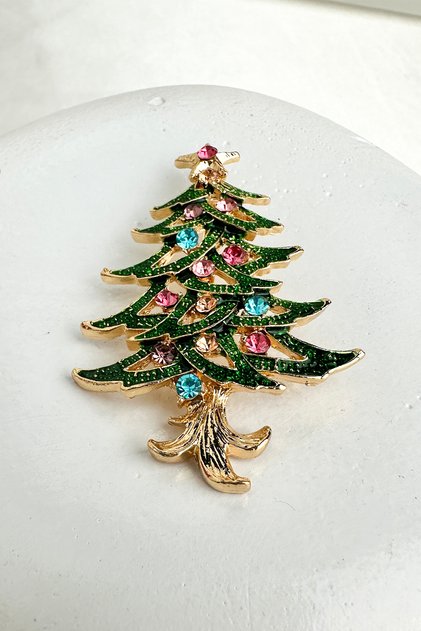 Yılbaşı Özel Renkli Taşlı Çam Ağacı Broş (6cm)