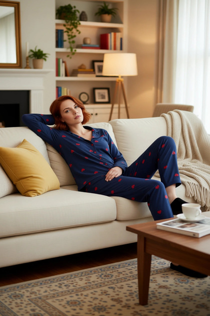 Women's Heart Pajama Set 100% Cotton Winter Comfortable Sleep Set Elegant Design and Stylish