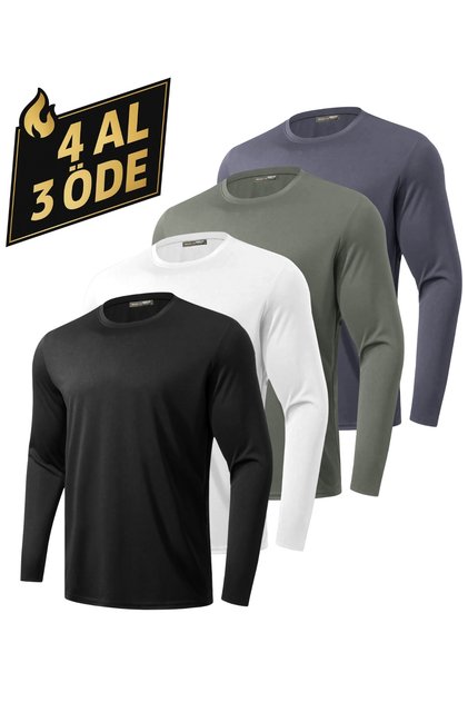 Pack of 4 Men's 100% Cotton Stretch Fabric Sports Running Daily Training Long Sleeve Combed Cotton T-Shirts