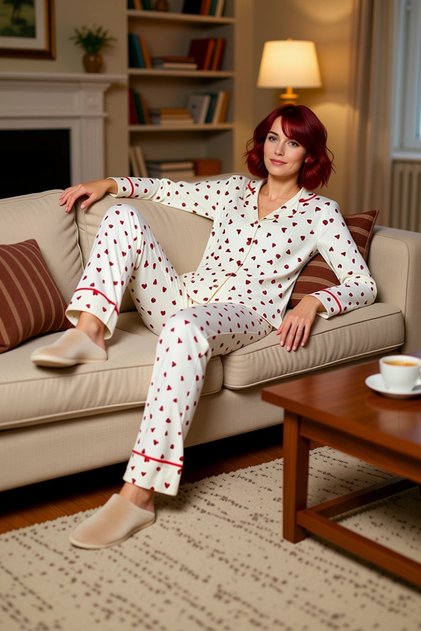 Women's Heart Patterned Cotton Pajamas Set Comfortable Home Wear Set Winter Season Use