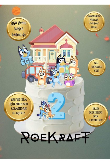 Roekraft Bluey konseptli Pasta Süsü , Parlak Baskı Bluey Doğum günü süsü