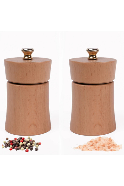 Natural Wooden Salt and Pepper Hand Mill Grinder 2 Pieces 8 cm