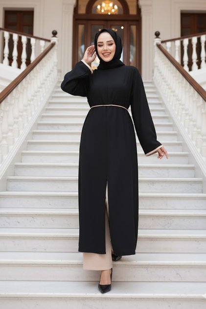 Slit Detailed Black Hijab Double Suit 76112S