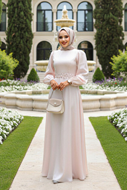Neva Style Satin Powder Hijab Evening Dress 4171Pd- Trendyol