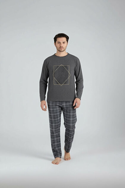 Long Sleeve Crew Neck Cotton Men's Pajamas Set