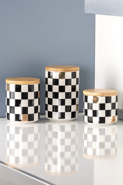 Set of 3 Ceramic Checkered Pattern Gold Gilded Checkered Sugar Bowl Tea Coffee Storage Container Spice Container