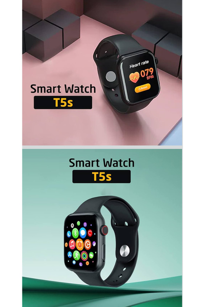 BLACK Smart Watch T5S Series compatible with iPhone, Water Resistant Digital Display